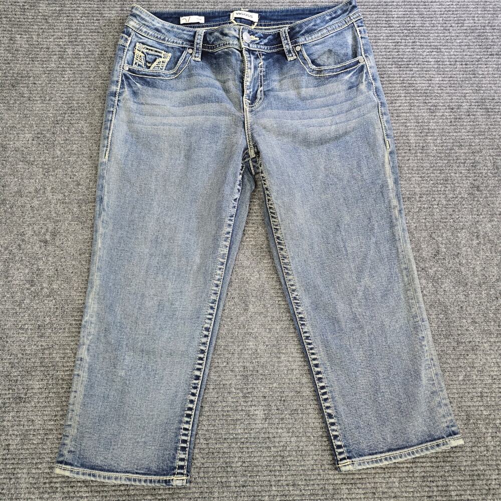 Vigoss Womens 14 35x22 Blue Wash Capri Cropped Jeans Embroidered Pockets Y2K